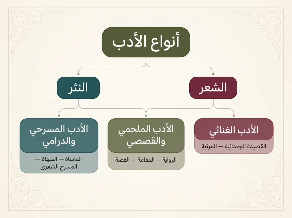 مخطط هرمي يُصنّف أنواع الأدب إلى شعر ونثر ثم يفرّعها إلى الأجناس الثلاثة الغنائي والقصصي والمسرحي مع أمثلة لكل جنس