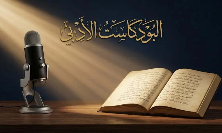 صورة غلاف تجمع بين كتاب عربي مفتوح وميكروفون استوديو احترافي مع عنوان البودكاست الأدبي بخط الثلث العربي