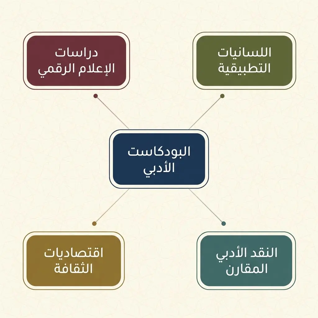خريطة معرفية تُظهر تقاطع البودكاست الأدبي مع أربعة حقول علمية: اللسانيات التطبيقية ودراسات الإعلام الرقمي والنقد الأدبي المقارن واقتصاديات الثقافة