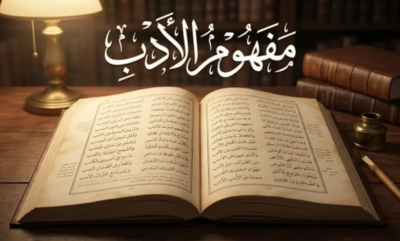 صورة غلاف مقال مفهوم الأدب تعرض كتاباً أدبياً كلاسيكياً مفتوحاً بخط عربي أنيق على مكتب خشبي مع محبرة وقلم وعنوان مفهوم الأدب