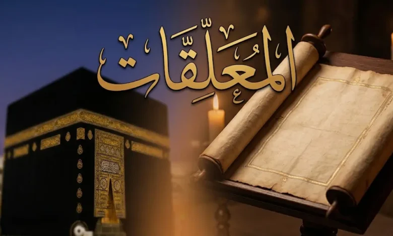 صورة غلاف تجمع مخطوطة شعرية جاهلية بخط عربي أصيل مع إطلالة على الكعبة المشرفة وعنوان المعلقات بخط الثلث المذهب