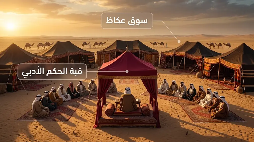 إعادة تصوير واقعي لسوق عكاظ الأدبي في الجزيرة العربية قبل الإسلام حيث كان الشعراء يتبارون أمام الحكام