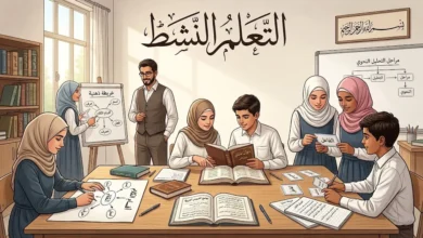 طلاب في صف عربي حديث يعملون في مجموعات لتحليل قواعد اللغة ورسم خريطة مفاهيم، بينما ييسّر المعلم الحوار من جانب الصف، مع عنوان «التعلم النشط».