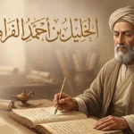 صورة تخيلية كلاسيكية للعالم الخليل بن أحمد الفراهيدي في بيئة علمية بالبصرة