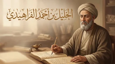 صورة تخيلية كلاسيكية للعالم الخليل بن أحمد الفراهيدي في بيئة علمية بالبصرة