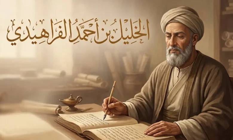 صورة تخيلية كلاسيكية للعالم الخليل بن أحمد الفراهيدي في بيئة علمية بالبصرة