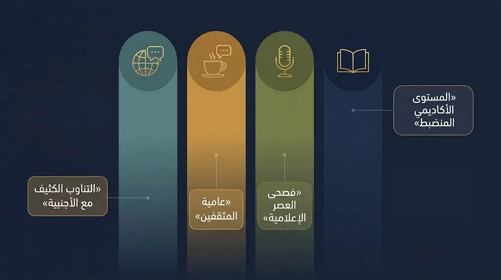 مخطط من أربعة أعمدة متدرجة يبين مستويات العربية في الفودكاست من الأكاديمي المنضبط إلى التناوب مع الأجنبية