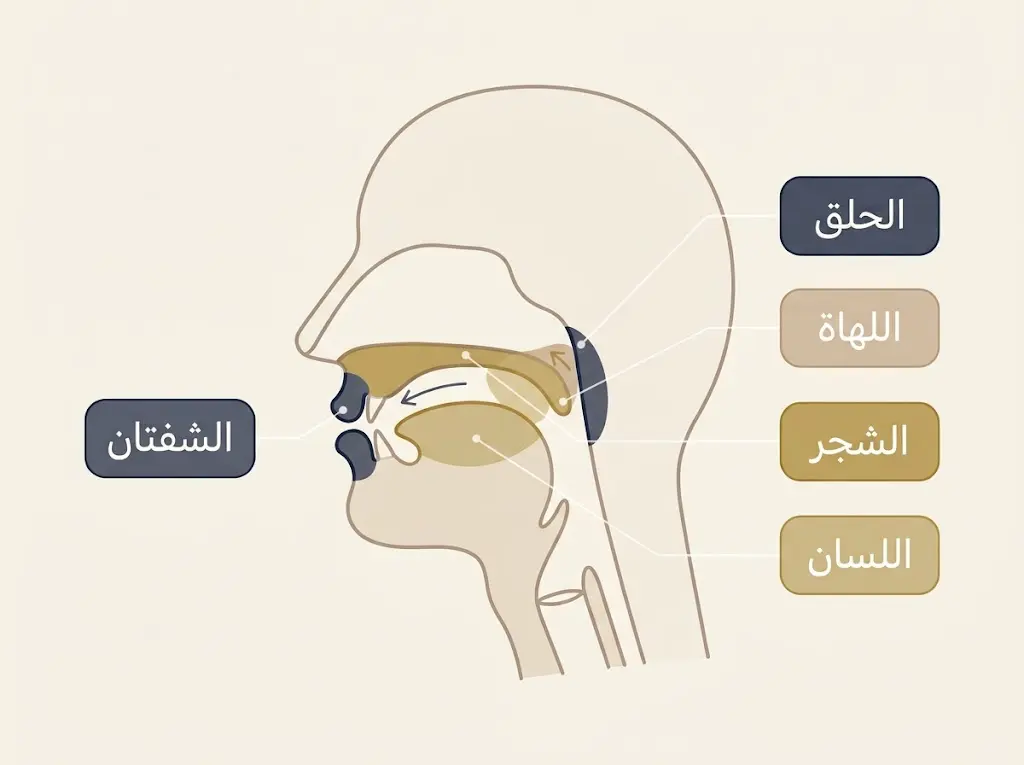 رسم توضيحي تخطيطي لمواضع مخارج الحروف كما وصفتها مقدمة كتاب العين