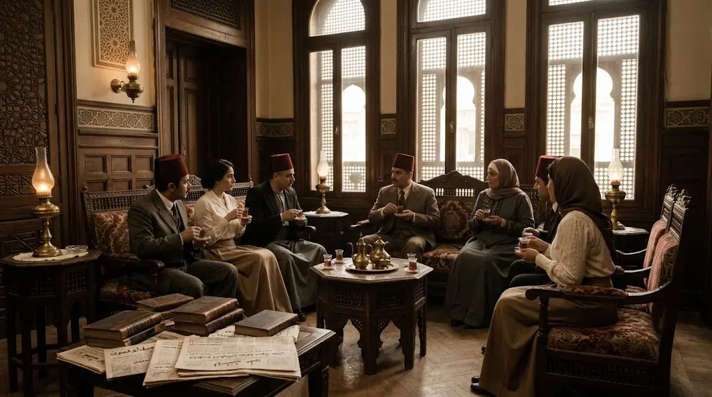 مشهد تاريخي لصالون أدبي مصري في مطلع القرن العشرين