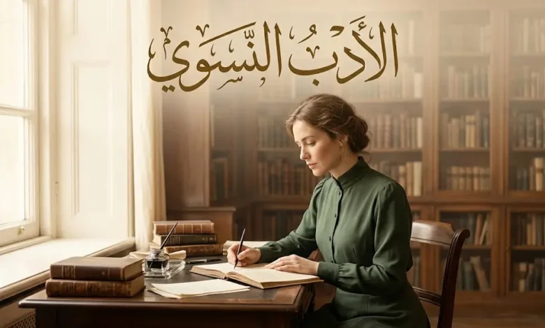 امرأة تكتب في غرفة مكتبية هادئة ترمز إلى مفهوم الأدب النسوي
