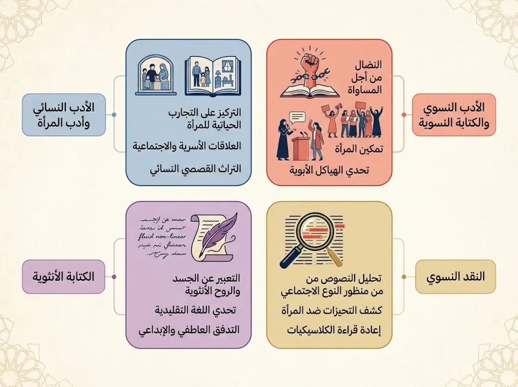 رسم توضيحي يقارن بين أربعة مصطلحات نقدية متقاربة في الأدب النسوي