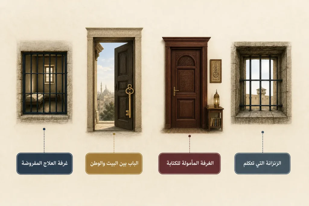رسم توضيحي لأربعة أشكال رمزية للمكان في نصوص أدبية نسوية مختلفة