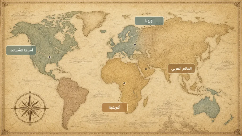 خريطة عالمية تراثية الطابع توضح تعدد مراكز نشأة الأدب النسوي حول العالم