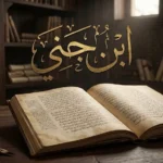 غلاف مقالة ابن جني يُظهر مخطوطة عربية قديمة ومحبرة نحاسية على مكتب خشبي داكن بإضاءة درامية دافئة