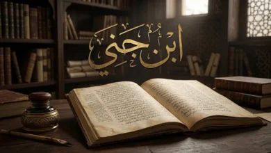 غلاف مقالة ابن جني يُظهر مخطوطة عربية قديمة ومحبرة نحاسية على مكتب خشبي داكن بإضاءة درامية دافئة