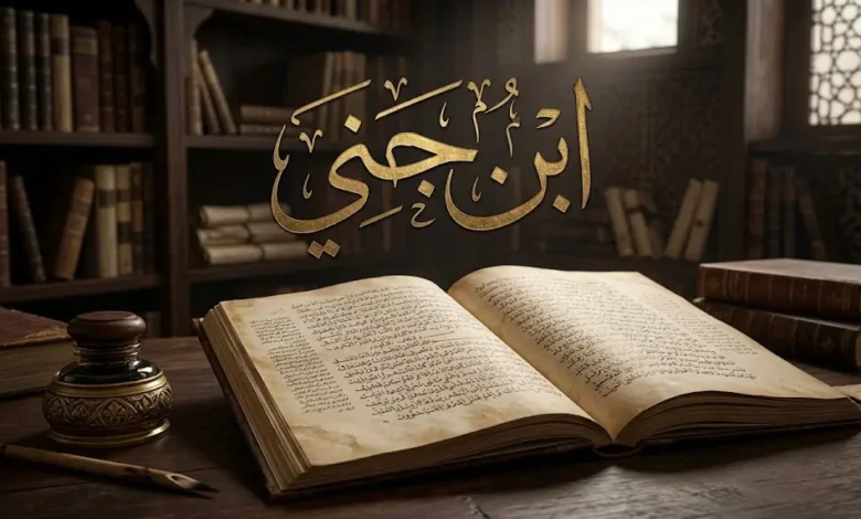 غلاف مقالة ابن جني يُظهر مخطوطة عربية قديمة ومحبرة نحاسية على مكتب خشبي داكن بإضاءة درامية دافئة