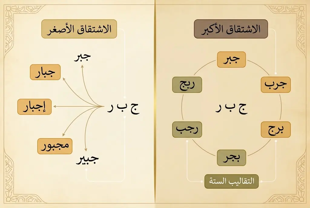 مخطط بياني مقارن بين الاشتقاق الأصغر والاشتقاق الأكبر في نظرية ابن جني، يُظهر اشتقاقات الجذر الثلاثي وتقاليبه الستة