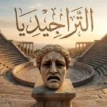 مدرج مسرح إغريقي كلاسيكي مع قناع تراجيديا حجري يرمز لمفهوم المأساة في الأدب