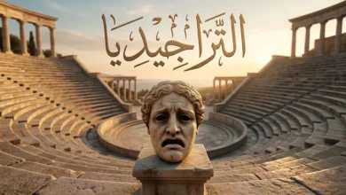 مدرج مسرح إغريقي كلاسيكي مع قناع تراجيديا حجري يرمز لمفهوم المأساة في الأدب