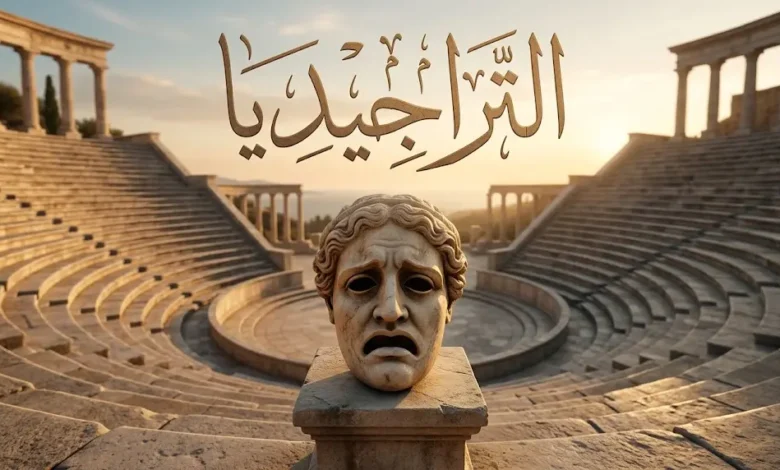 مدرج مسرح إغريقي كلاسيكي مع قناع تراجيديا حجري يرمز لمفهوم المأساة في الأدب