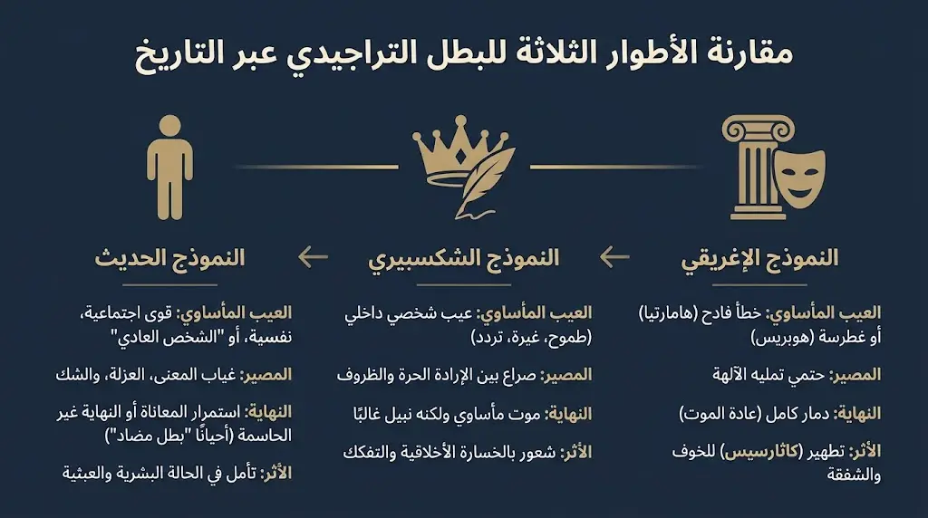 رسم بياني يقارن بين النموذج الإغريقي والشكسبيري والحديث للبطل التراجيدي