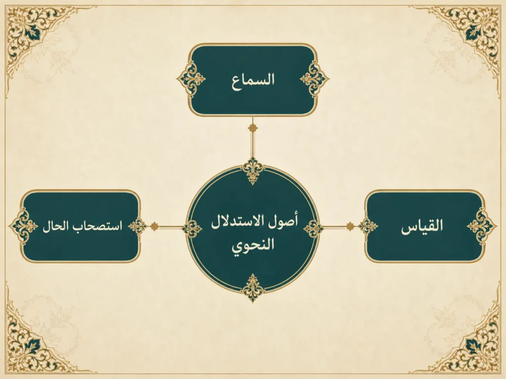 مخطط يوضح أصول الاستدلال النحوي الثلاثة: السماع والقياس واستصحاب الحال