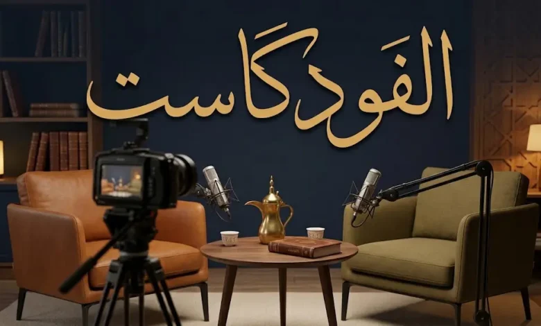 استديو فودكاست عربي بطابع المجلس يضم كاميرا وميكروفونات وكتاباً تراثياً وعنوان «الفودكاست» بخط الثلث